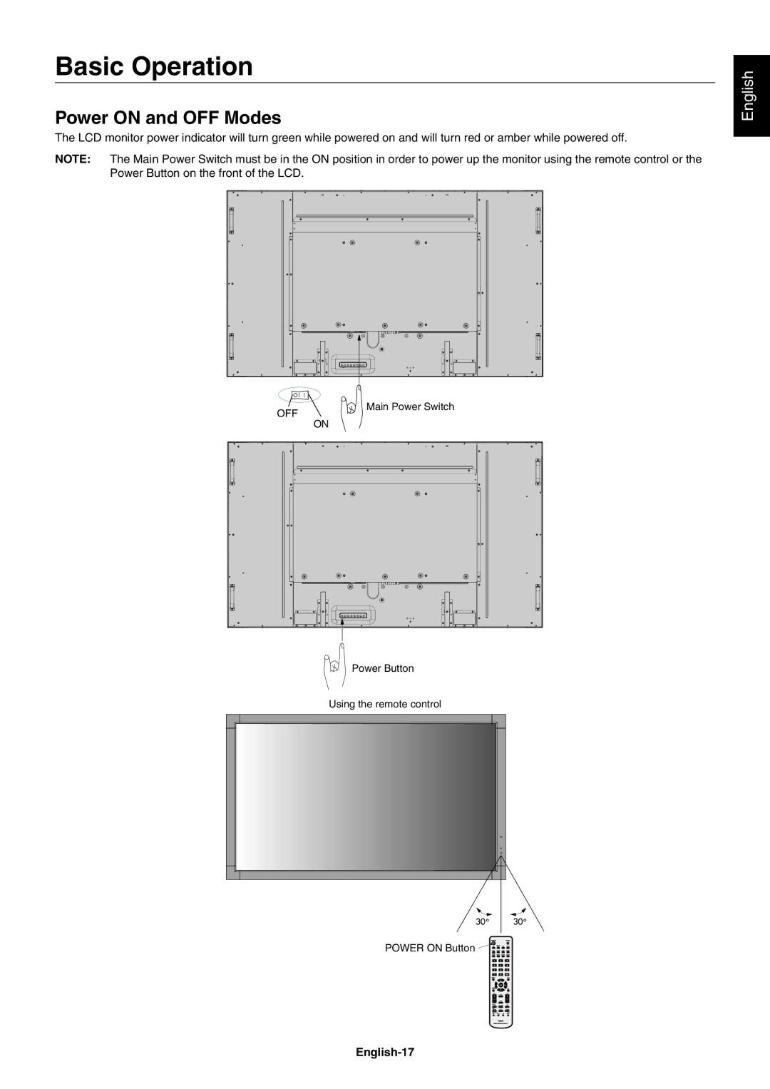 NEC V552AVT, V652AVT user manual Basic Operation, Power on and OFF Modes, English-17, Off 