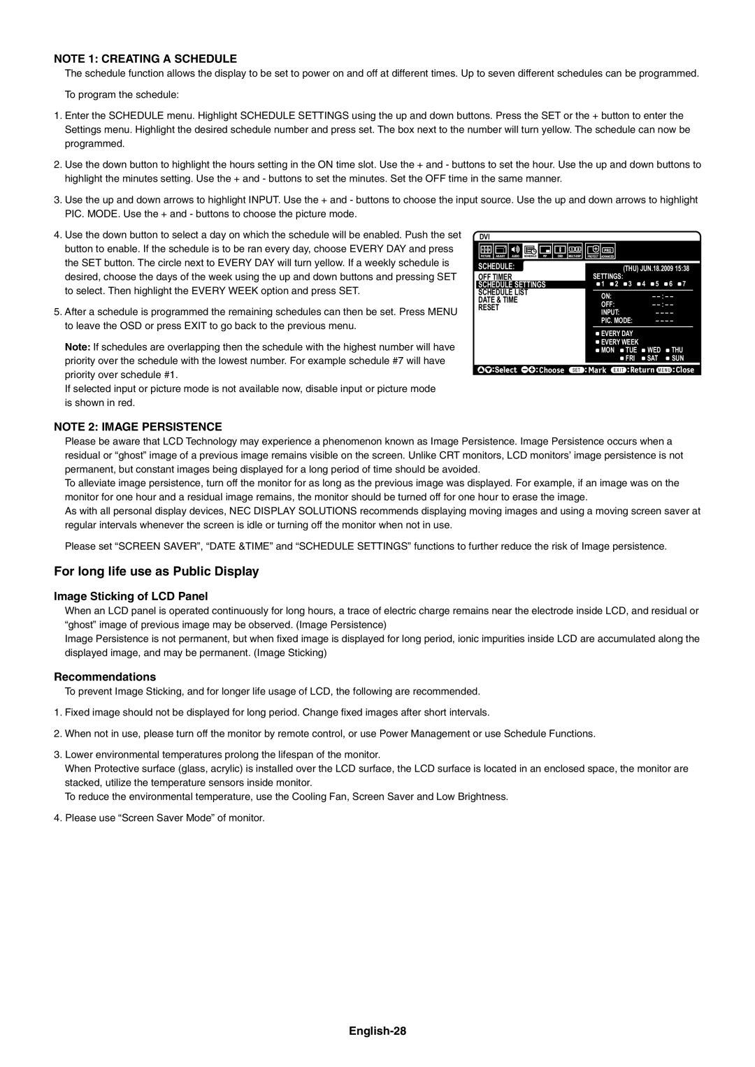 NEC V652AVT, V552AVT user manual Image Sticking of LCD Panel, Recommendations, English-28 