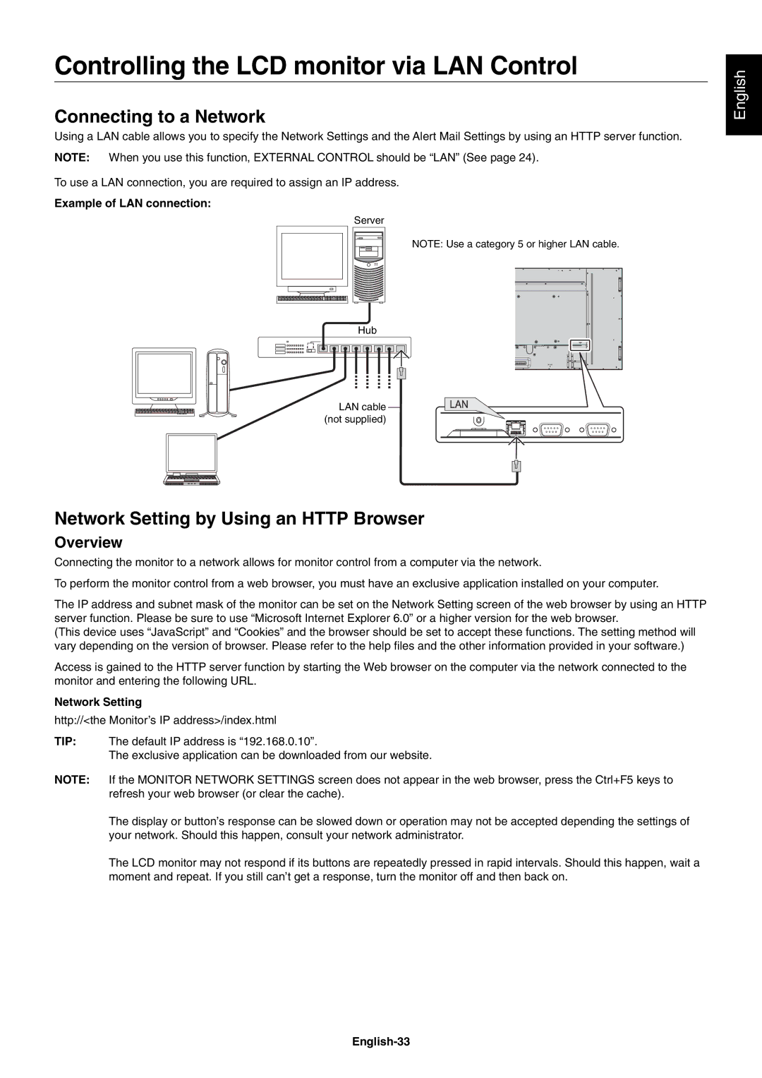 NEC V552AVT Controlling the LCD monitor via LAN Control, Connecting to a Network, Network Setting by Using an Http Browser 