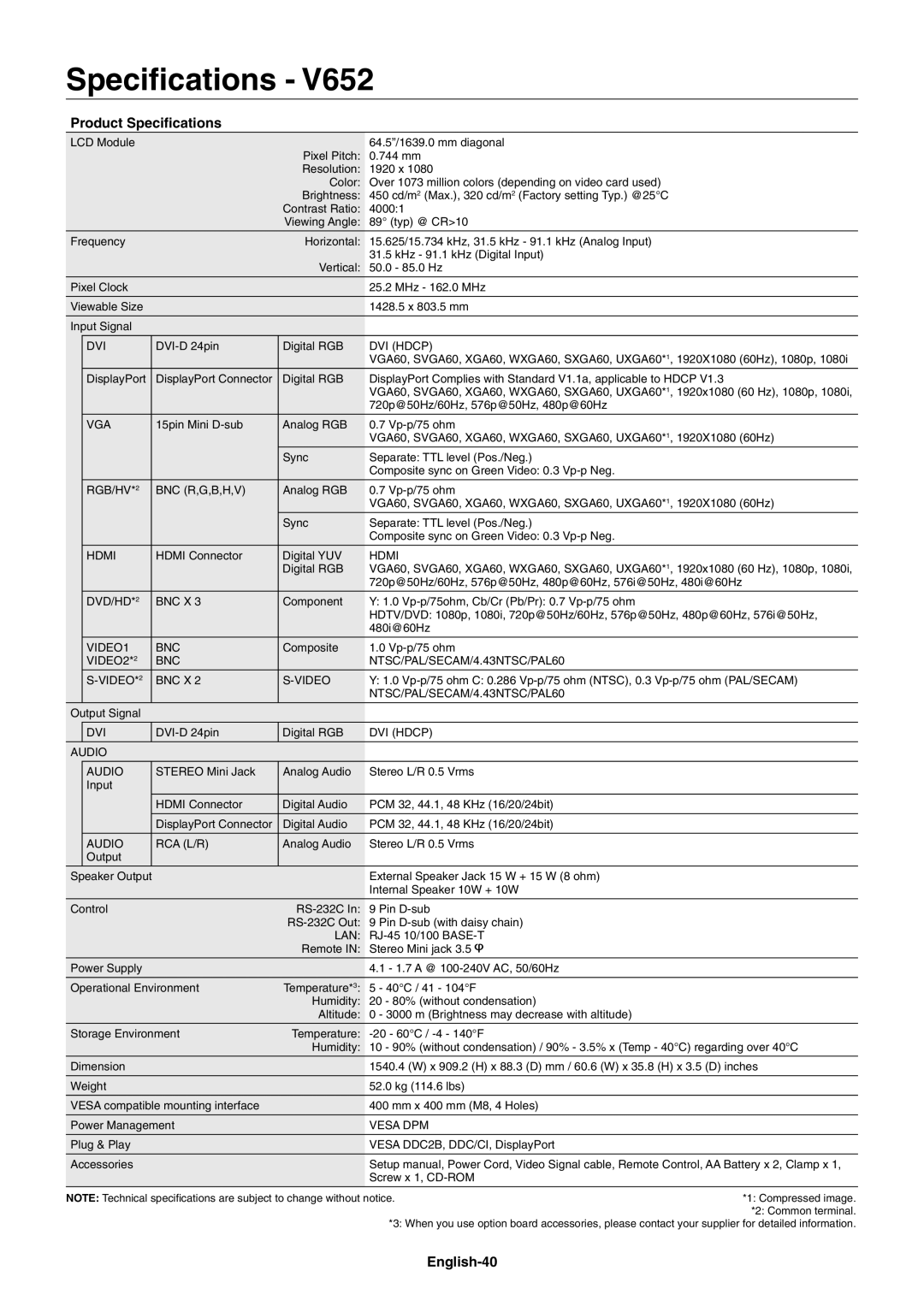 NEC V652AVT, V552AVT user manual English-40, Screw x 1, CD-ROM 