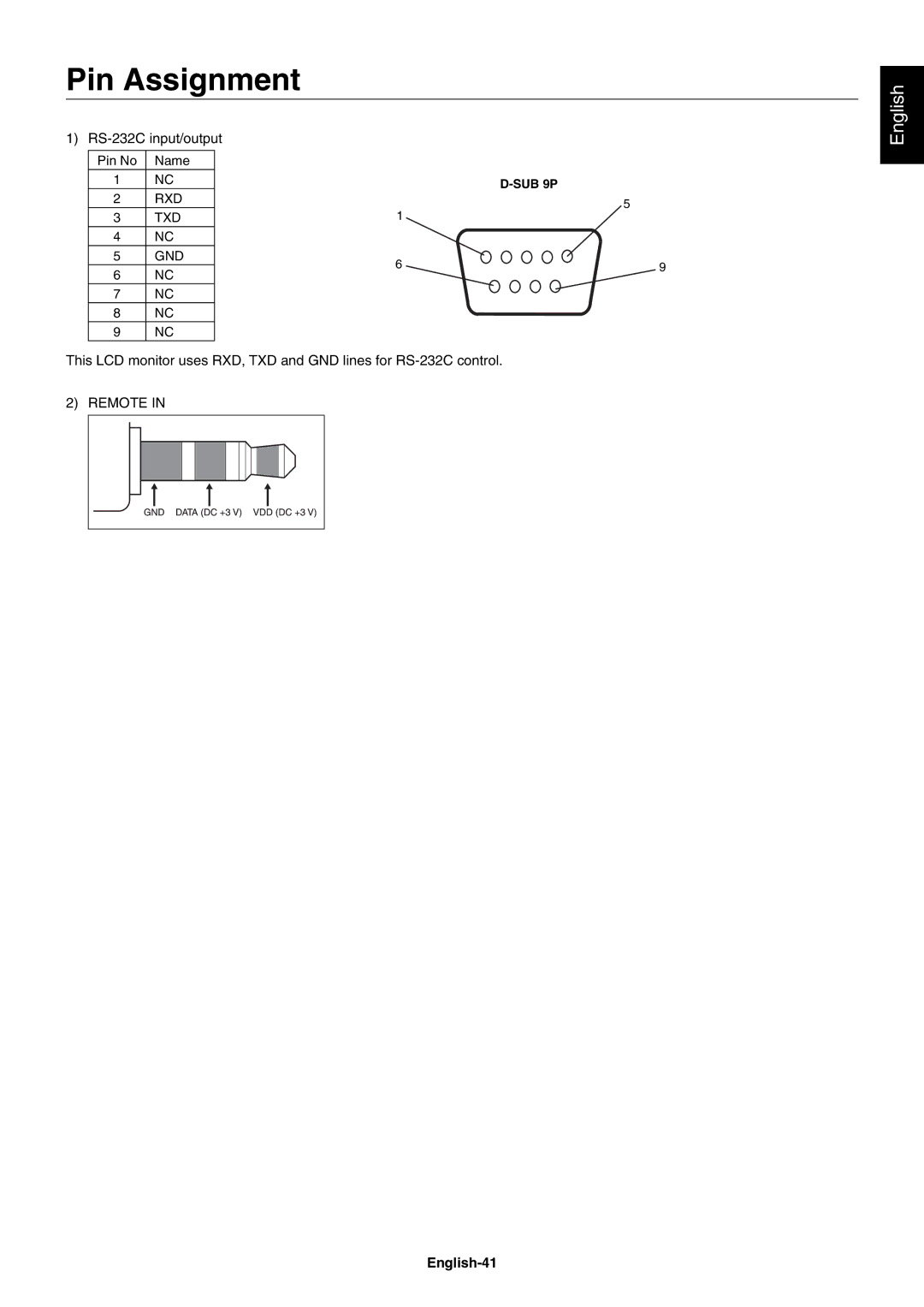 NEC V552AVT, V652AVT user manual Pin Assignment, English-41, Rxd Txd Gnd 