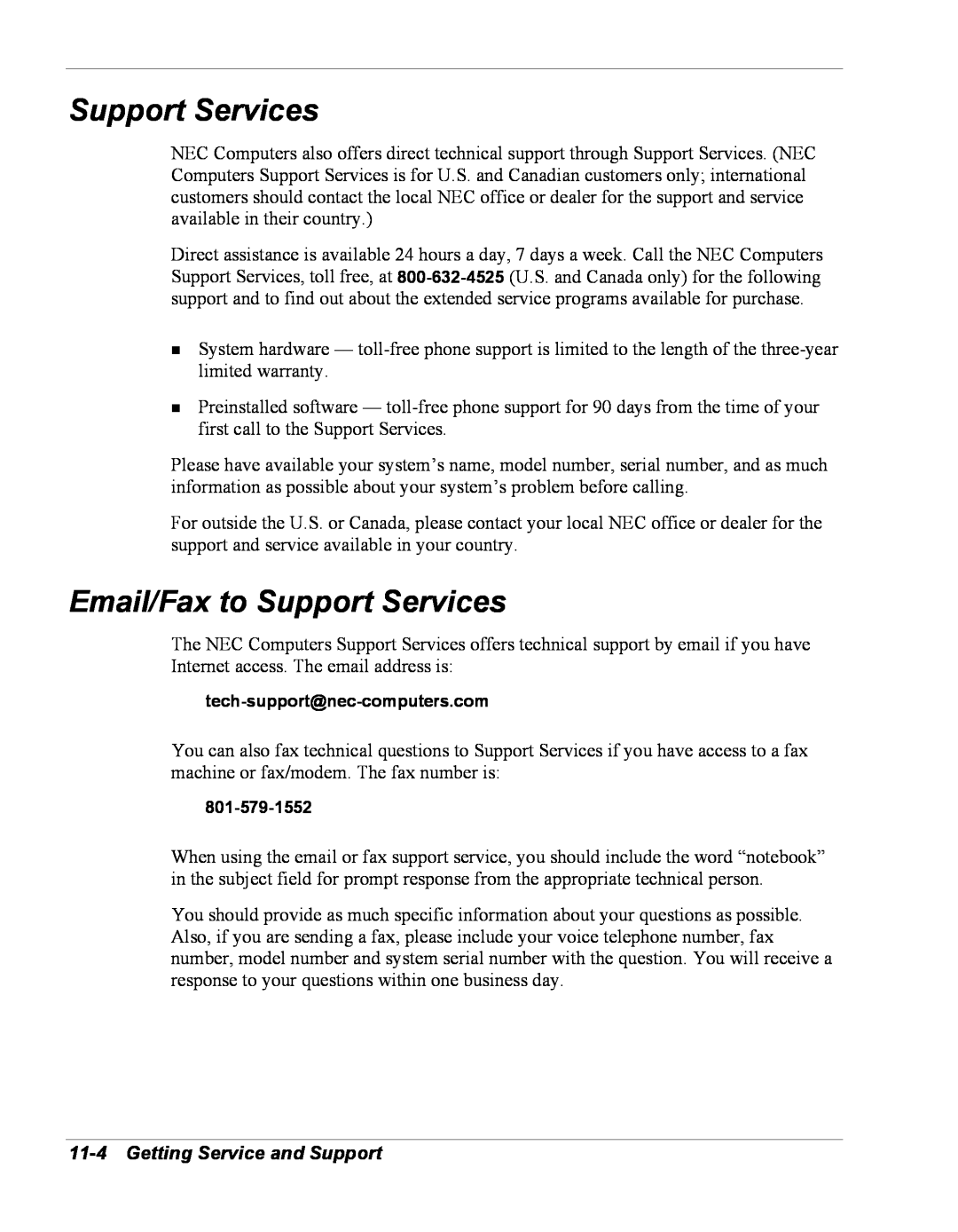 NEC Versa Series manual Email/Fax to Support Services, Getting Service and Support 