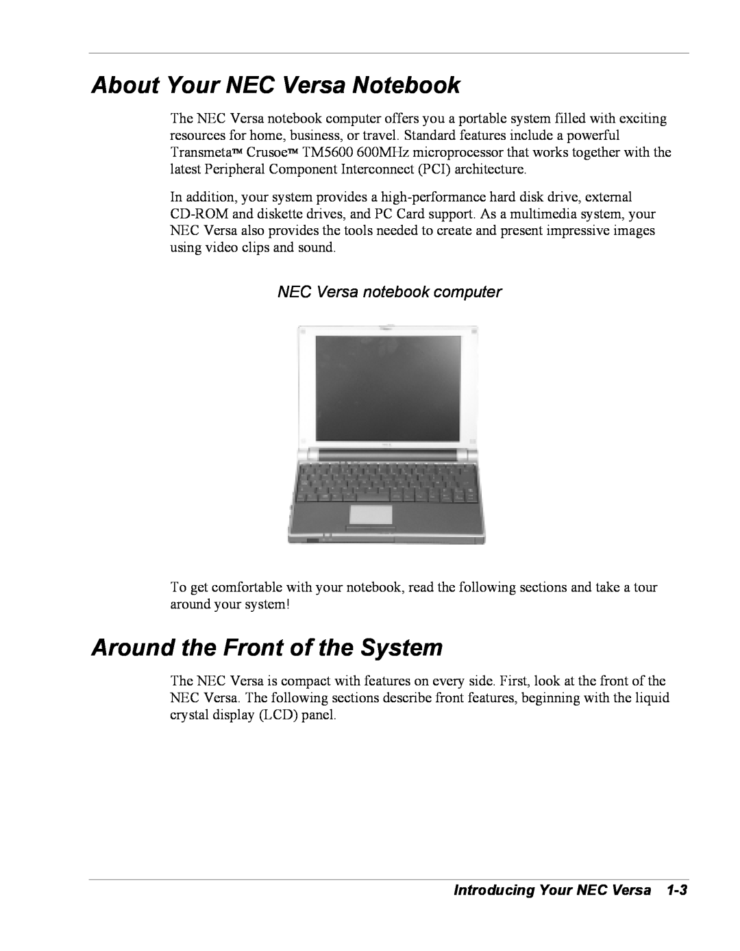 NEC Versa Series manual About Your NEC Versa Notebook, Around the Front of the System, NEC Versa notebook computer 