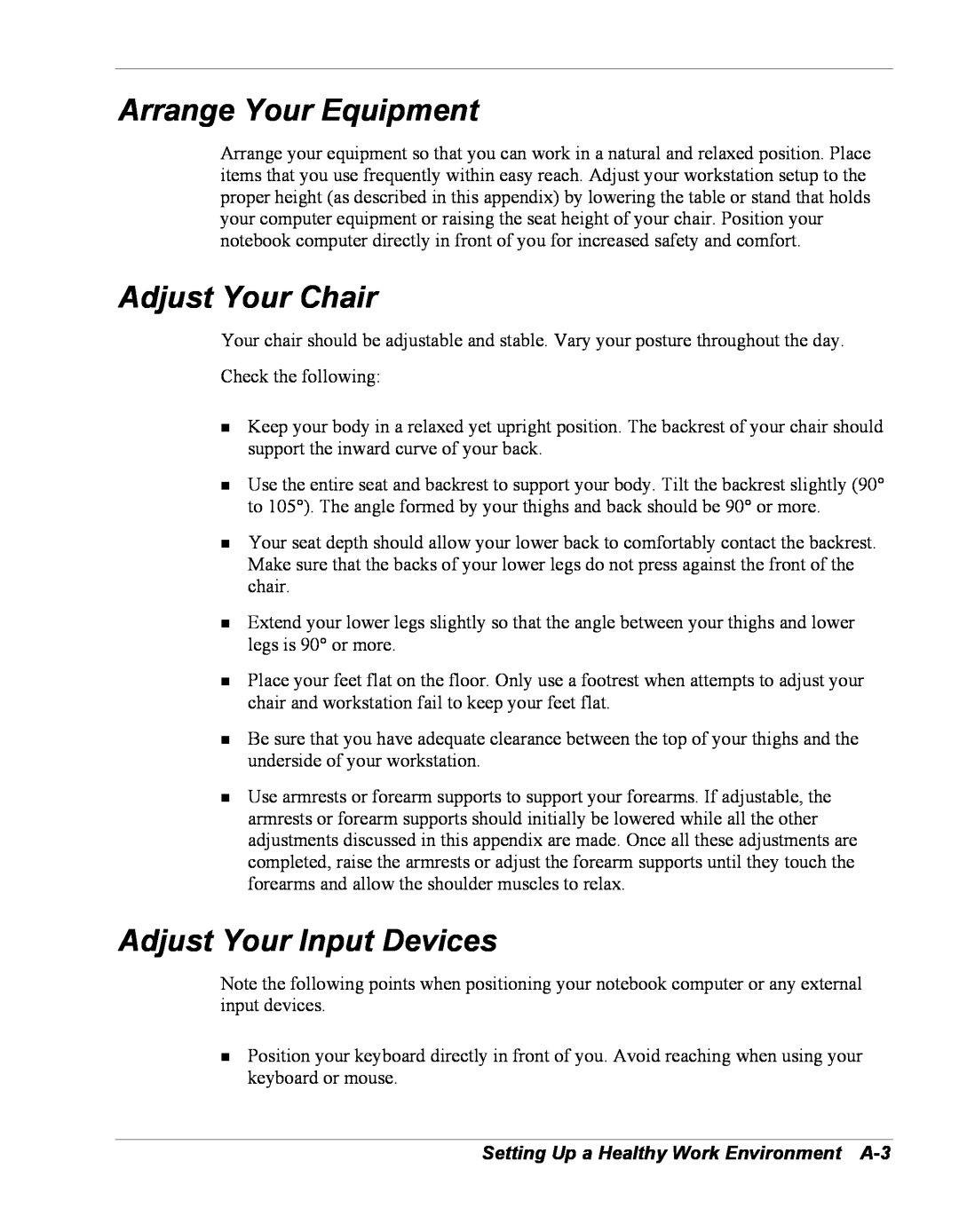 NEC Versa Series manual Arrange Your Equipment, Adjust Your Chair, Adjust Your Input Devices 