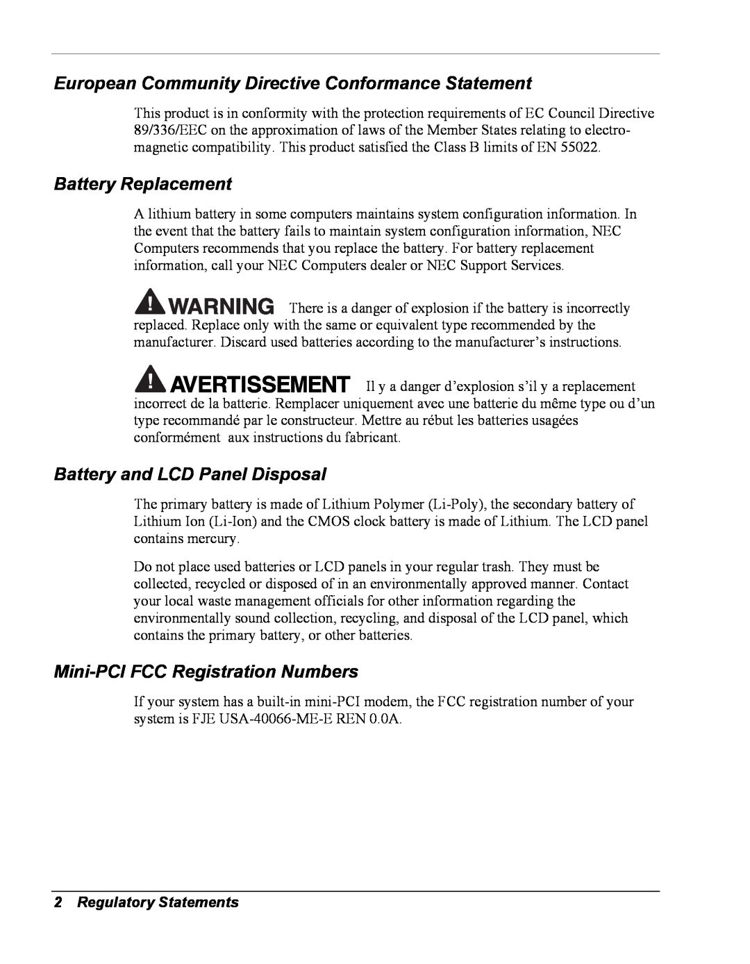NEC Versa Series European Community Directive Conformance Statement, Battery Replacement, Battery and LCD Panel Disposal 
