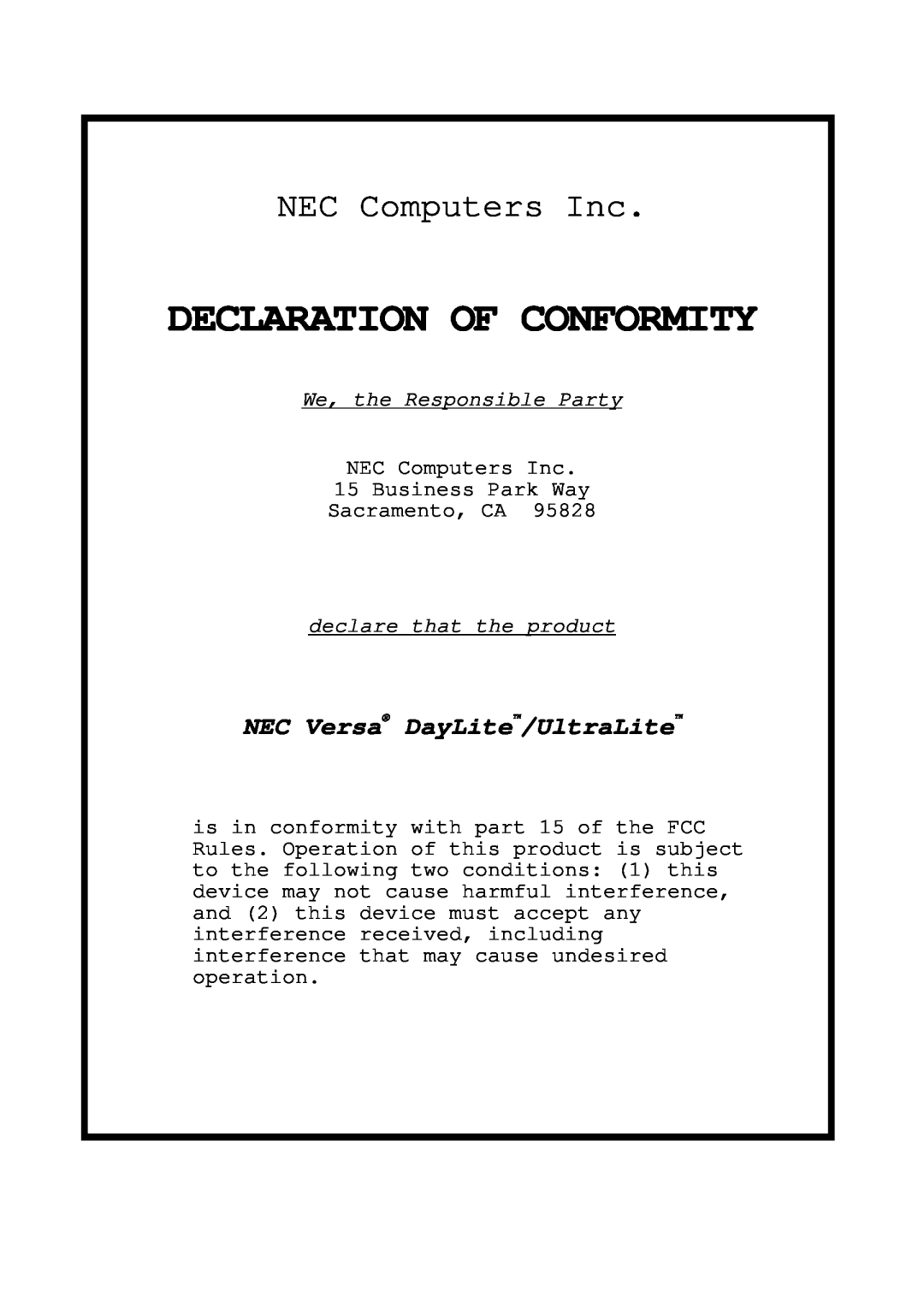 NEC Versa Series Declaration Of Conformity, NEC Computers Inc, NEC Versa DayLite/UltraLite, We, the Responsible Party 