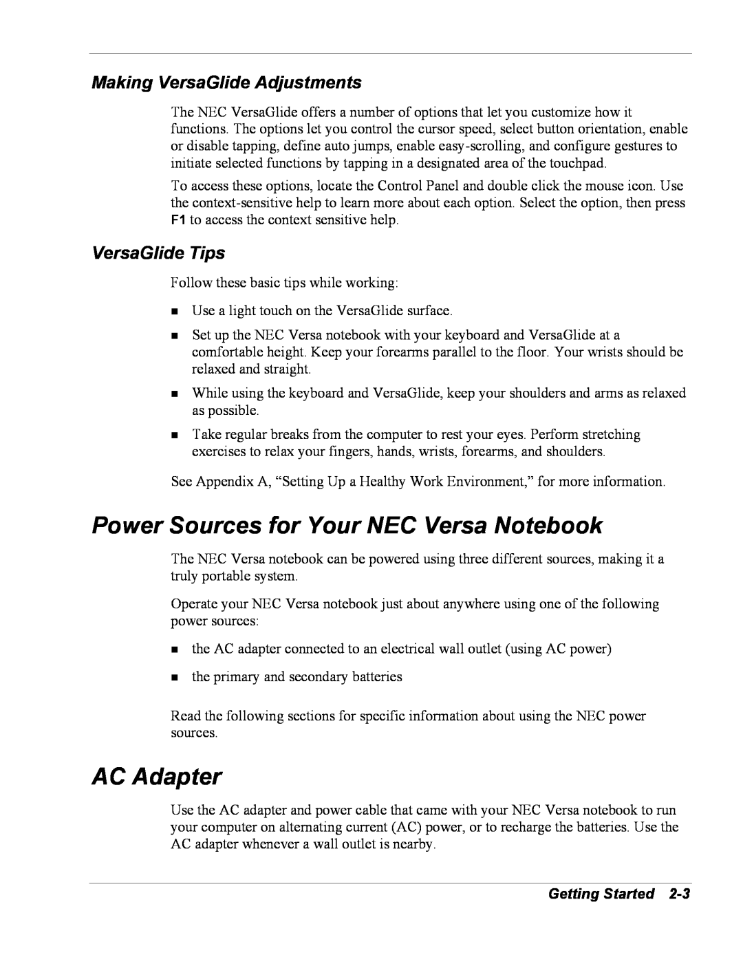 NEC Versa Series Power Sources for Your NEC Versa Notebook, AC Adapter, Making VersaGlide Adjustments, VersaGlide Tips 