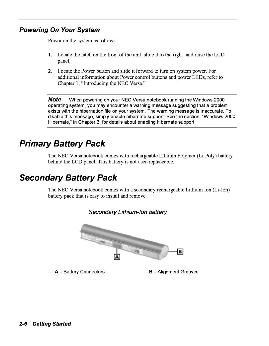 NEC Versa Series Primary Battery Pack, Secondary Battery Pack, Powering On Your System, Secondary Lithium-Ion battery 