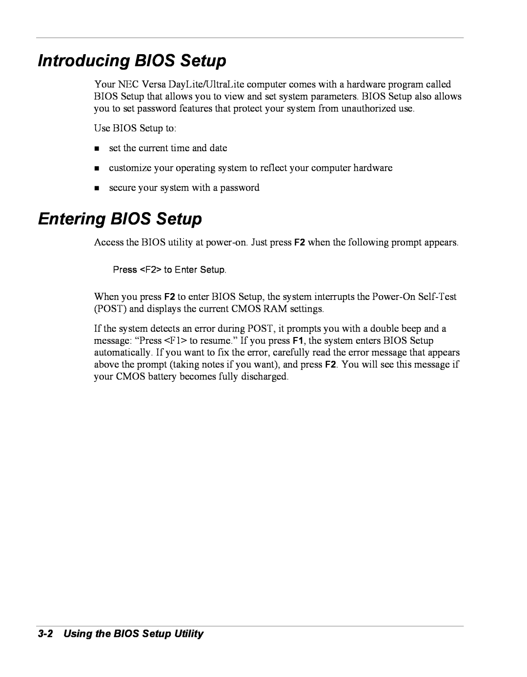 NEC Versa Series manual Introducing BIOS Setup, Entering BIOS Setup, Using the BIOS Setup Utility 