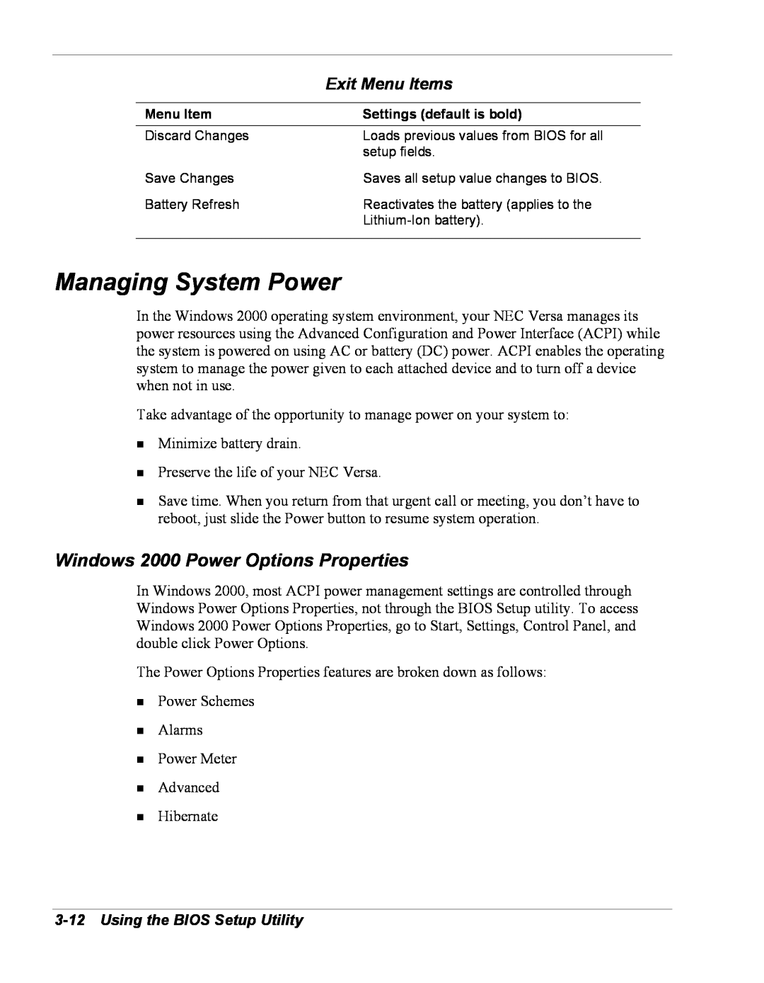 NEC Versa Series manual Managing System Power, Windows 2000 Power Options Properties, Using the BIOS Setup Utility 