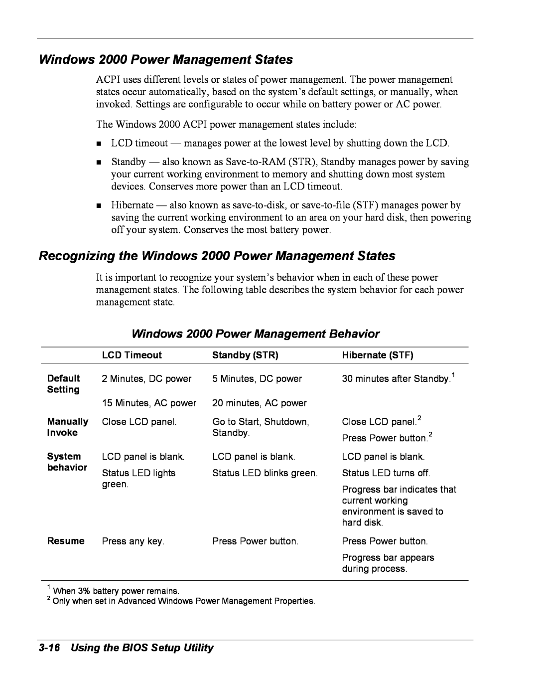 NEC Versa Series manual Recognizing the Windows 2000 Power Management States, Windows 2000 Power Management Behavior 