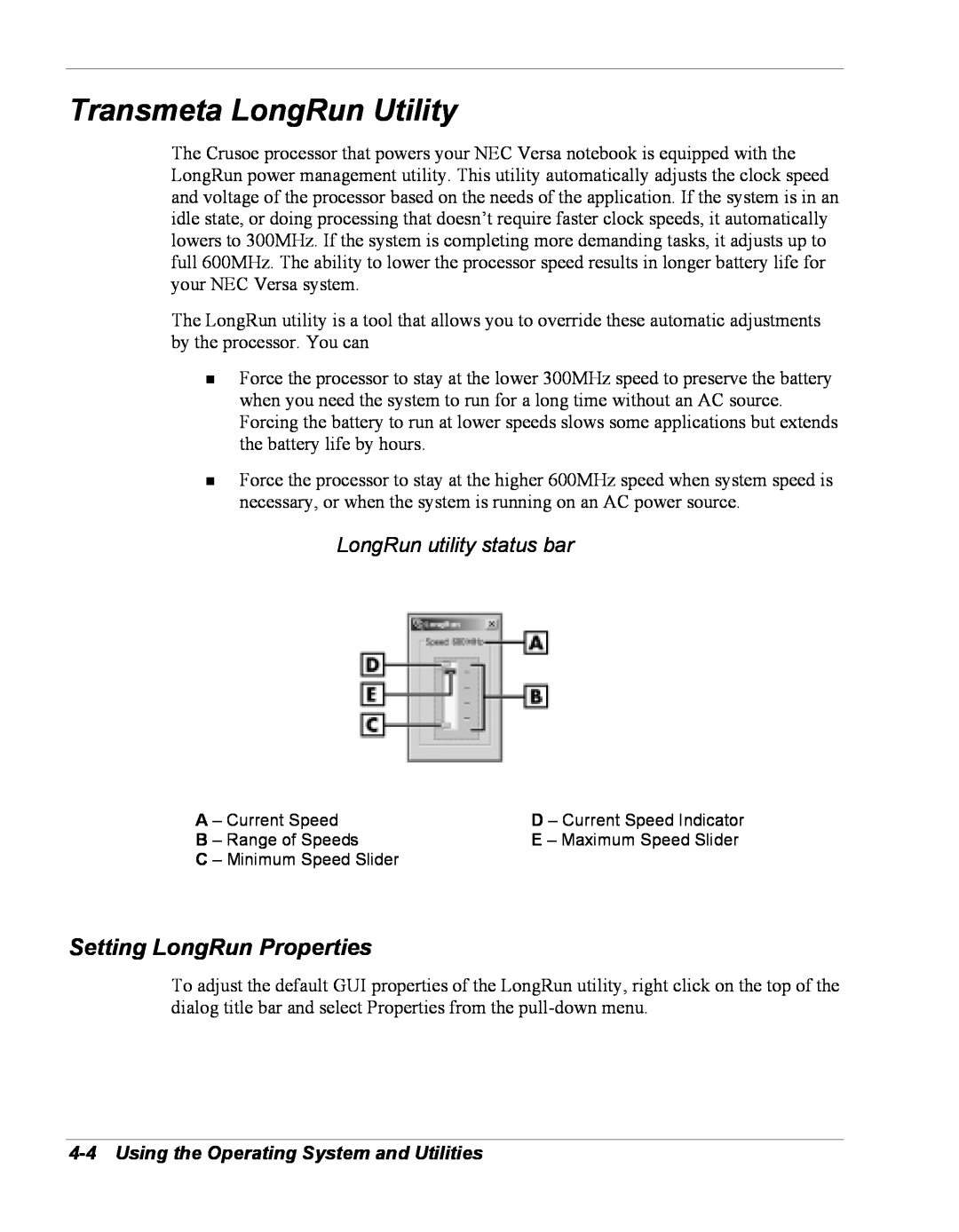 NEC Versa Series manual Transmeta LongRun Utility, Setting LongRun Properties, LongRun utility status bar 