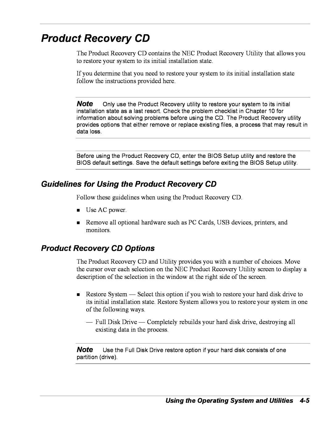 NEC Versa Series manual Guidelines for Using the Product Recovery CD, Product Recovery CD Options 