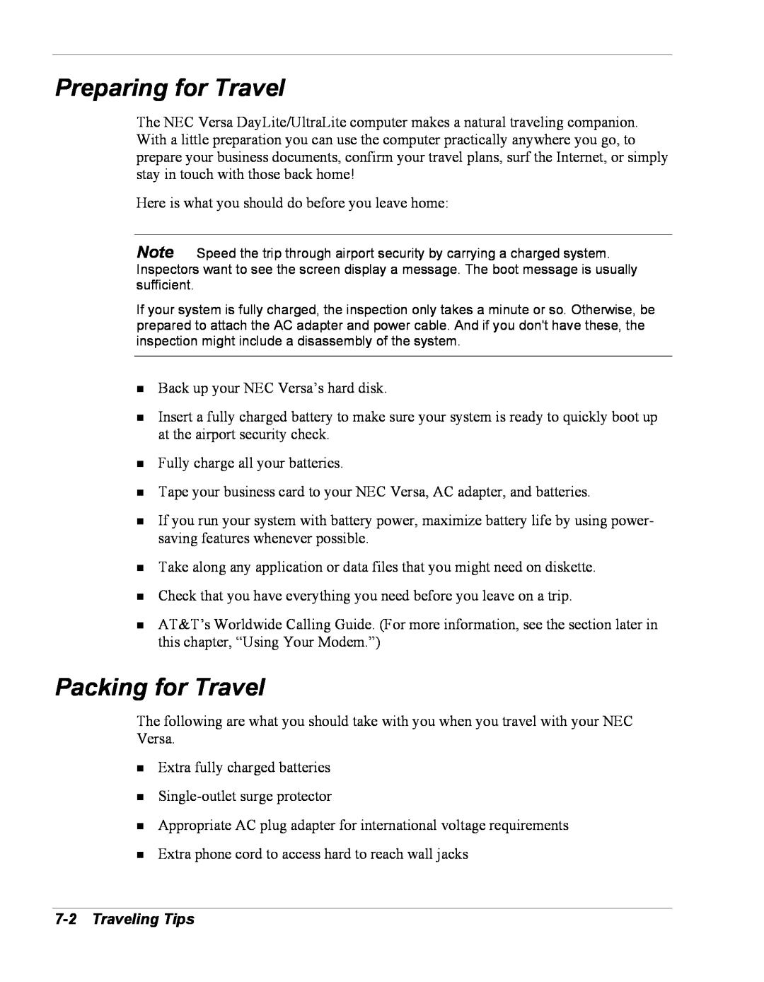 NEC Versa Series manual Preparing for Travel, Packing for Travel, Traveling Tips 
