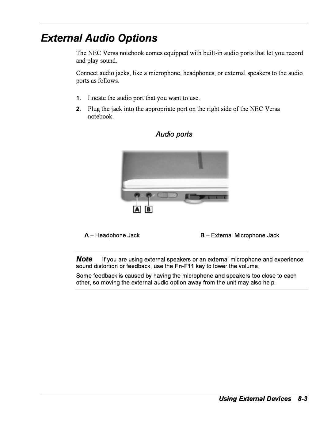 NEC Versa Series manual External Audio Options, Audio ports, Using External Devices 