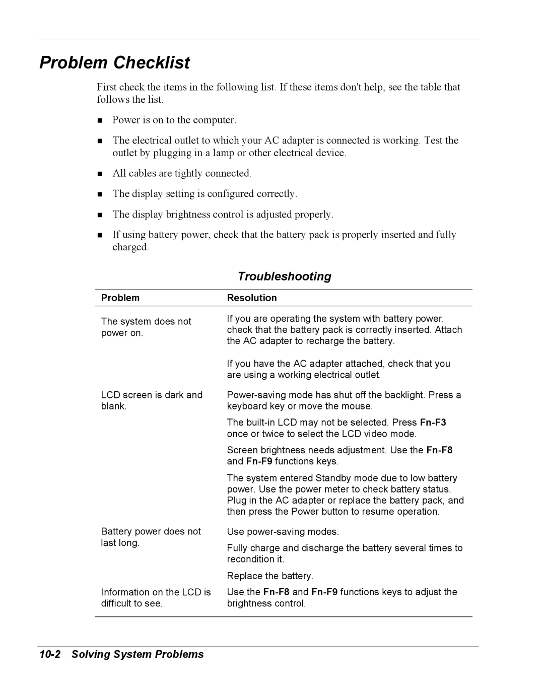 NEC Versa Series manual Problem Checklist, Troubleshooting, Solving System Problems, ProblemResolution 