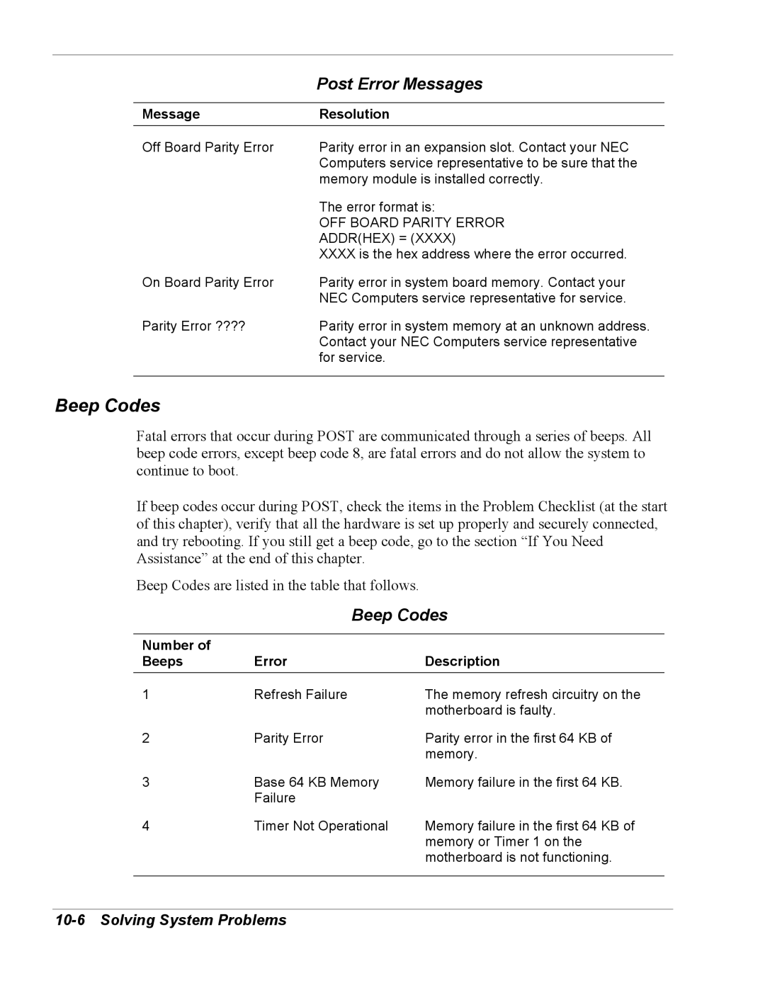 NEC Versa Series manual Beep Codes, Number Beeps Error Description 