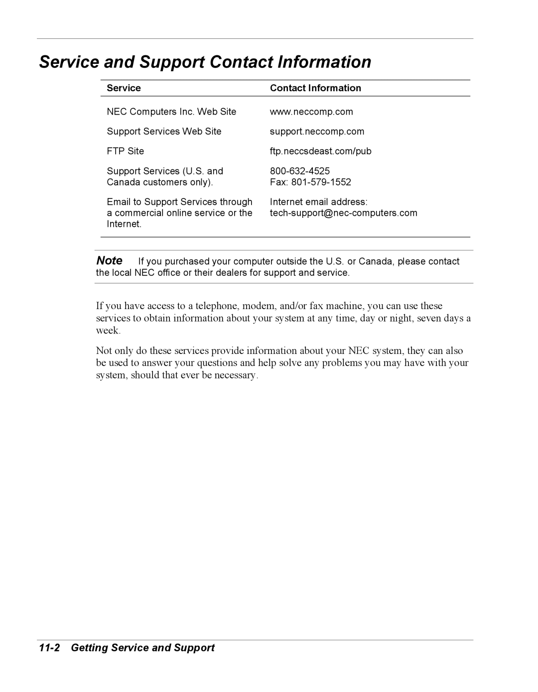 NEC Versa Series manual Service and Support Contact Information, Getting Service and Support, Service Contact Information 