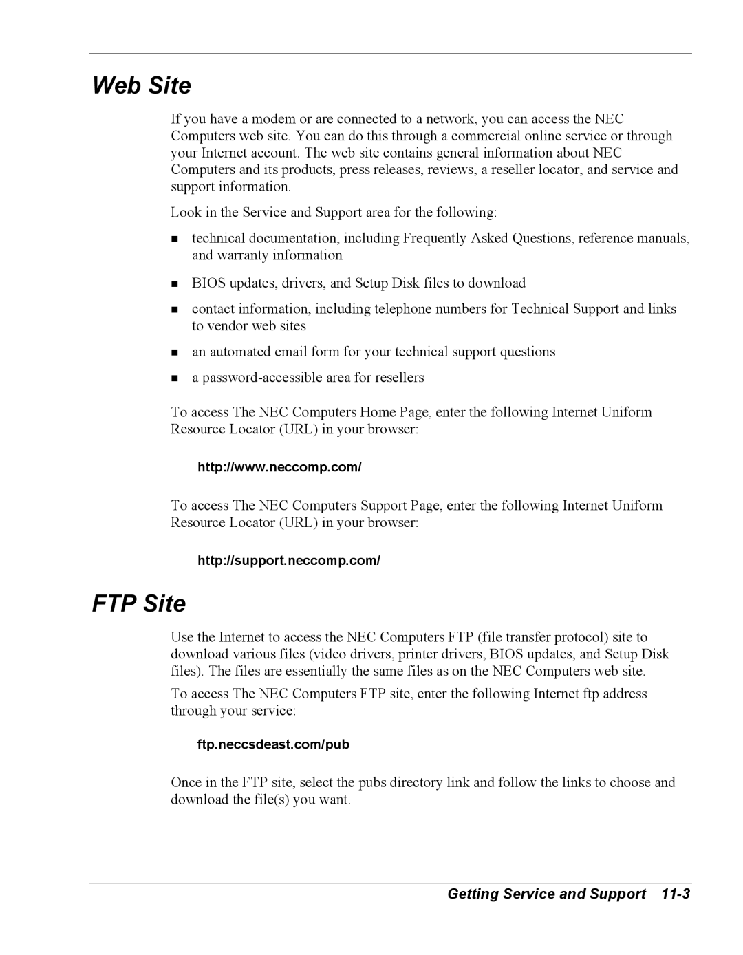 NEC Versa Series manual Web Site, FTP Site, Http//support.neccomp.com 