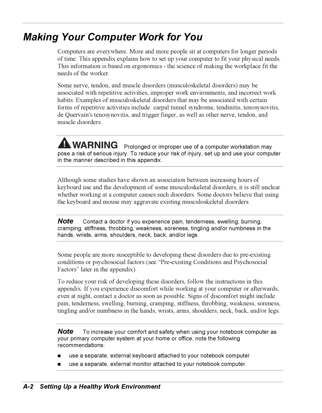 NEC Versa Series manual Making Your Computer Work for You, Setting Up a Healthy Work Environment 