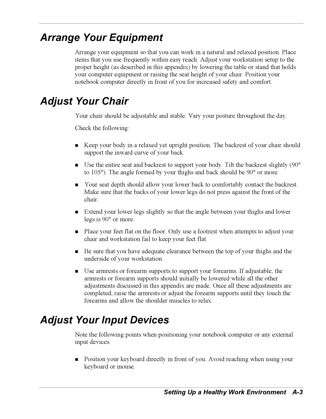 NEC Versa Series manual Arrange Your Equipment, Adjust Your Chair, Adjust Your Input Devices 