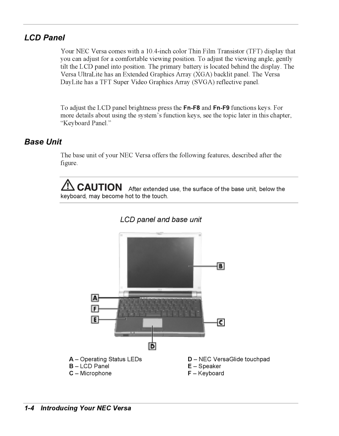 NEC Versa Series manual LCD Panel, Base Unit, LCD panel and base unit, Operating Status LEDs 