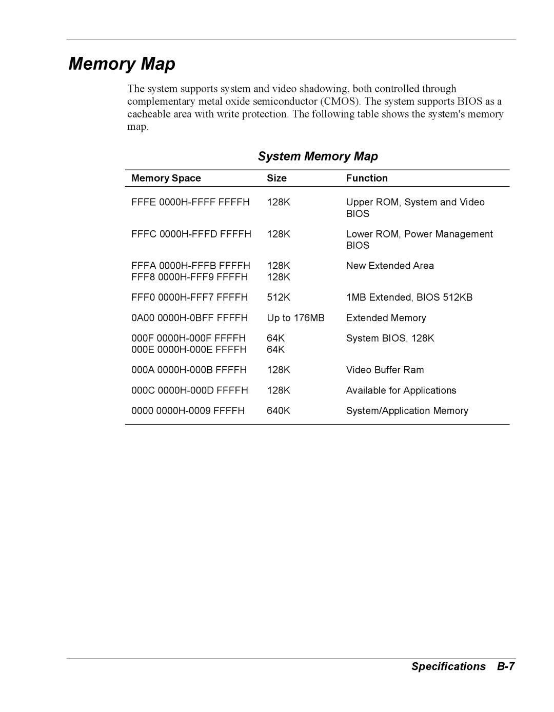 NEC Versa Series manual System Memory Map, Specifications B-7, Memory Space Size Function 