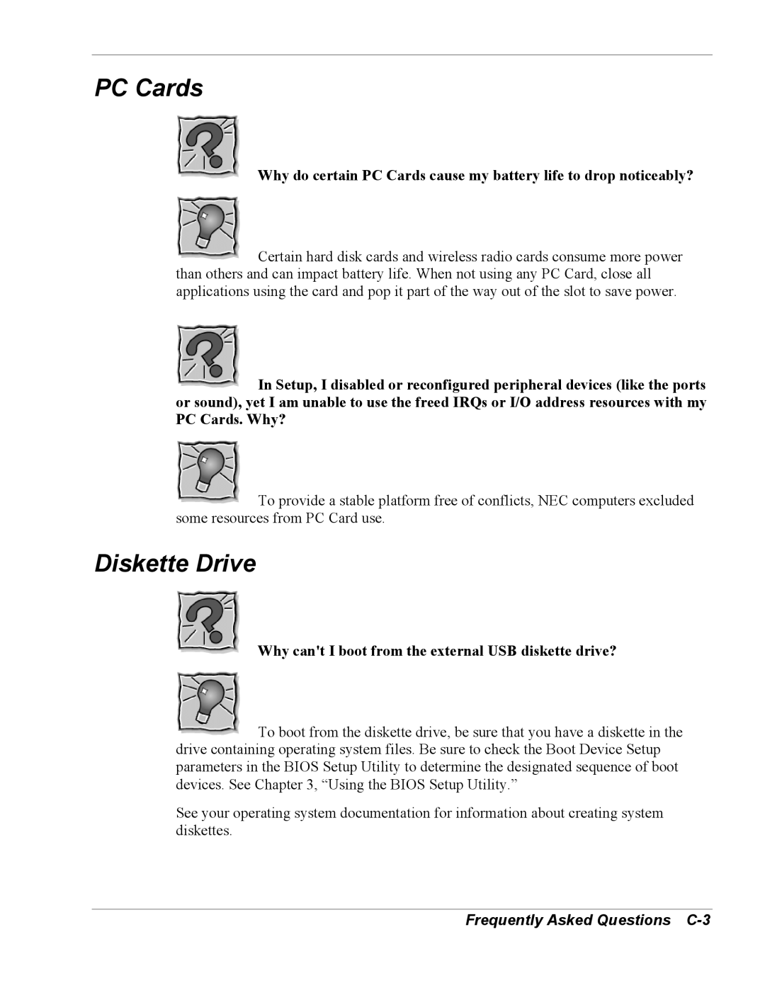 NEC Versa Series manual Diskette Drive, Frequently Asked Questions C-3 