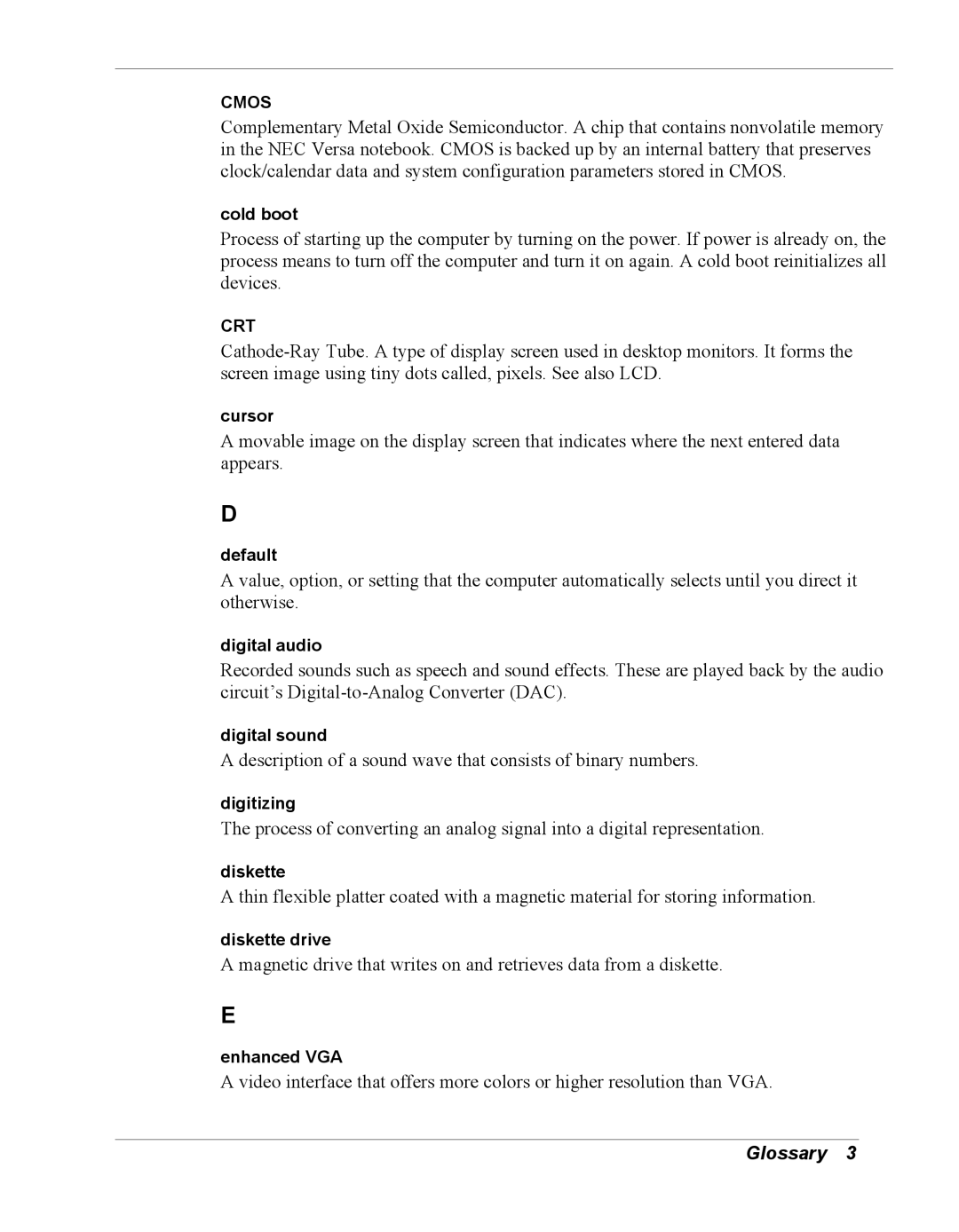 NEC Versa Series manual Cold boot, Cursor, Digital audio, Digital sound, Digitizing, Diskette drive, Enhanced VGA 
