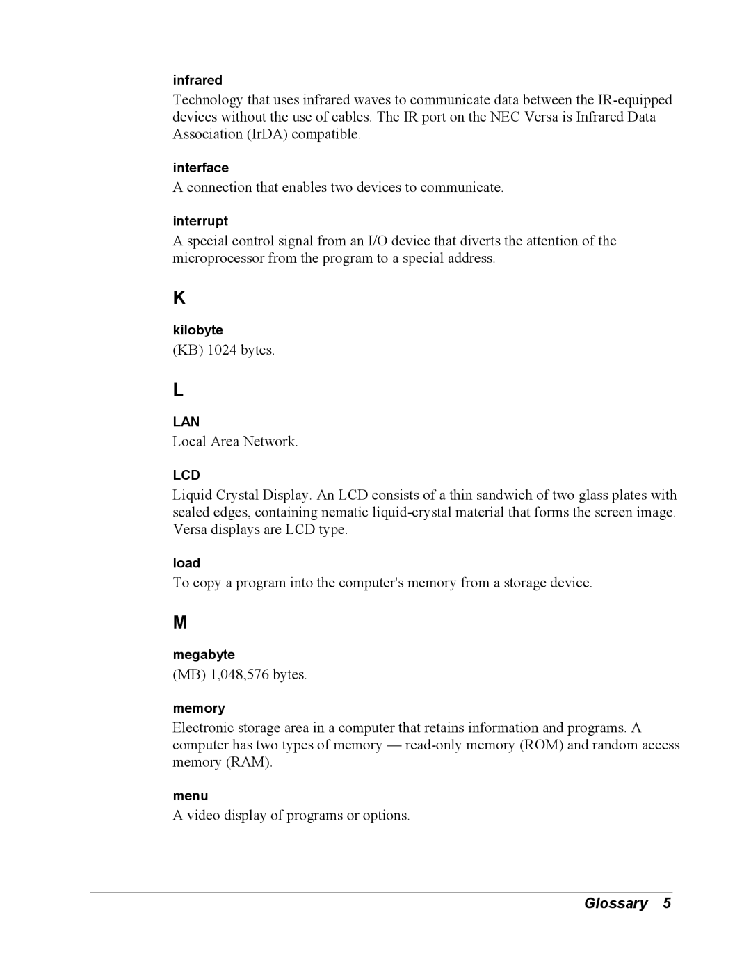 NEC Versa Series manual Infrared, Interface, Interrupt, Kilobyte, Load, Megabyte, Memory, Menu 