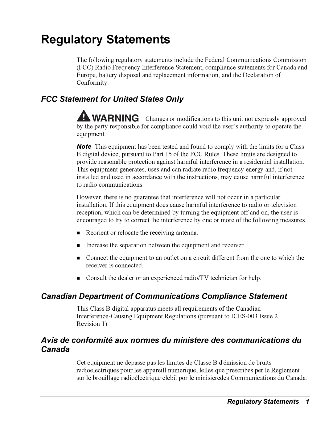 NEC Versa Series manual Regulatory Statements, FCC Statement for United States Only 