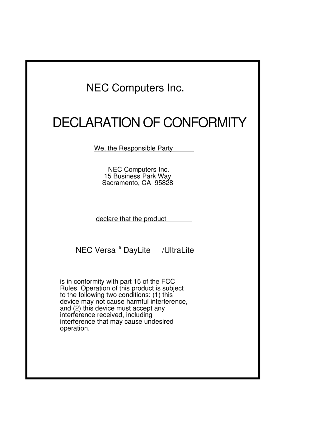 NEC Versa Series manual Declaration of Conformity 