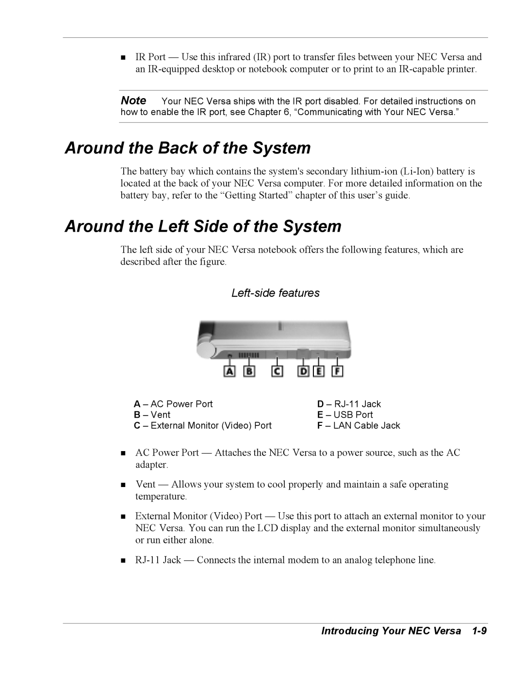 NEC Versa Series manual Around the Back of the System, Around the Left Side of the System, Left-side features 