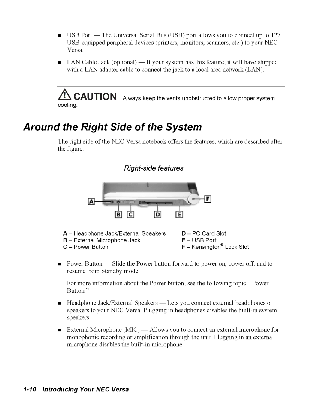 NEC Versa Series manual Around the Right Side of the System, Right-side features 