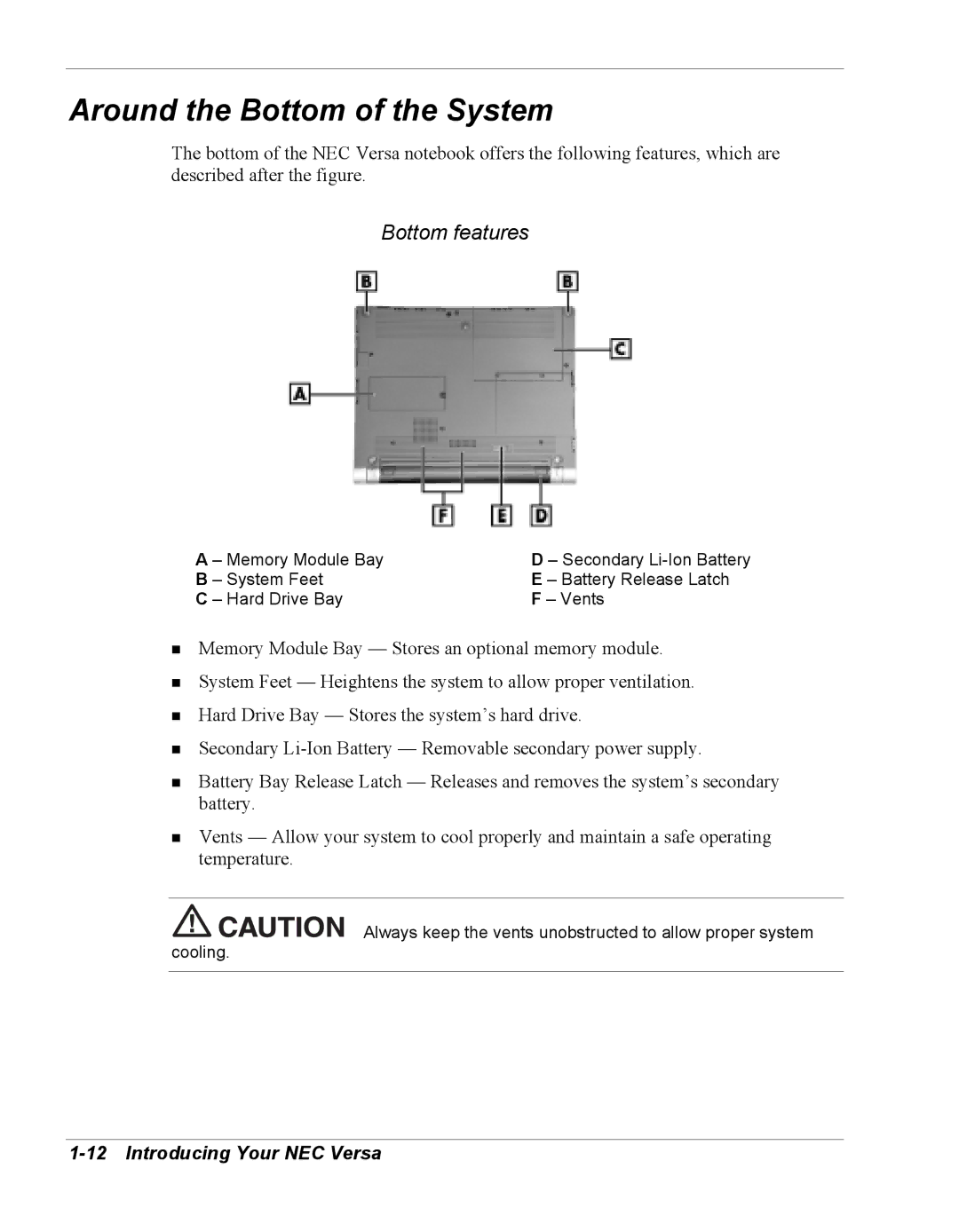 NEC Versa Series manual Around the Bottom of the System, Bottom features 