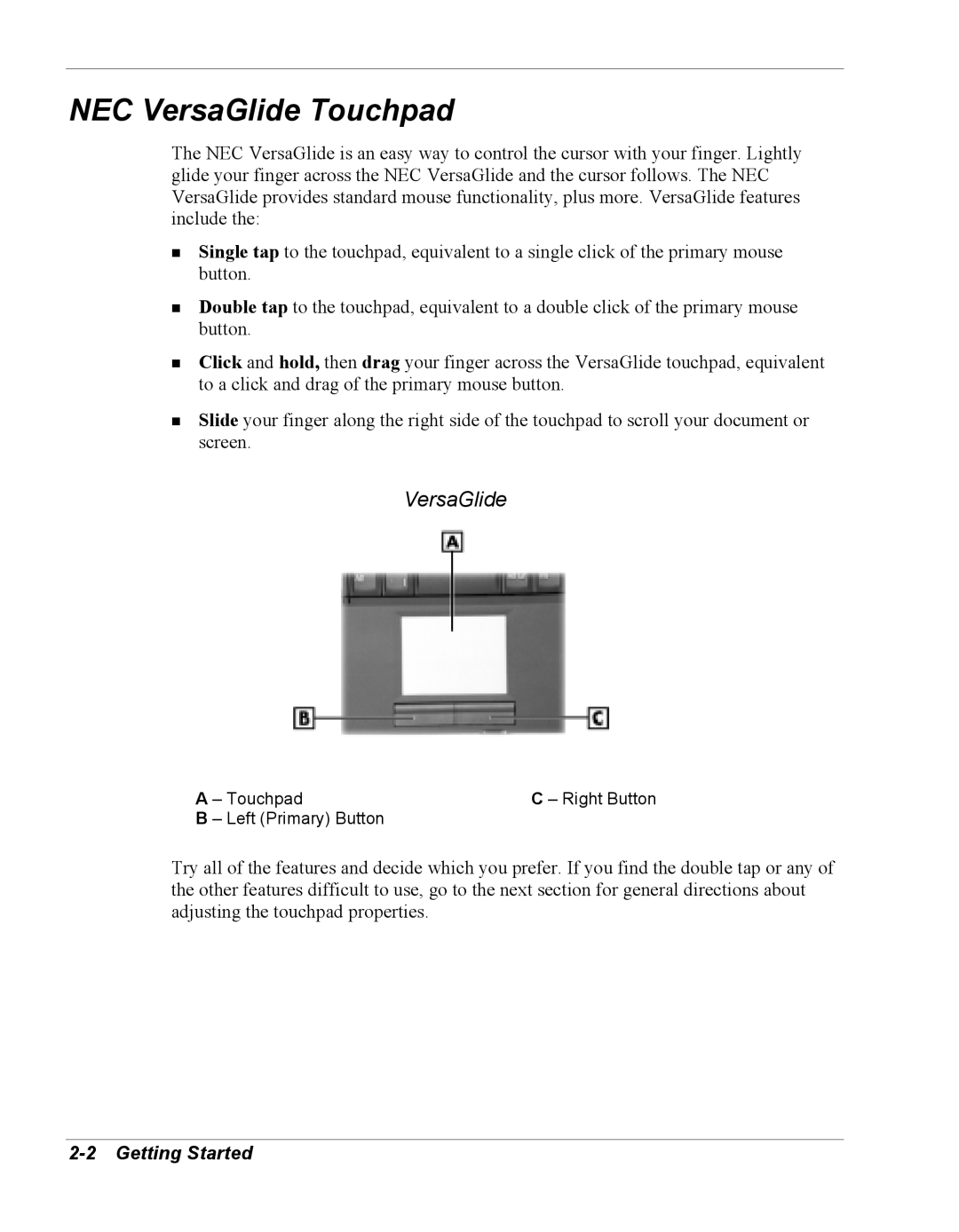 NEC Versa Series manual NEC VersaGlide Touchpad, Getting Started, Touchpad Right Button Left Primary Button 