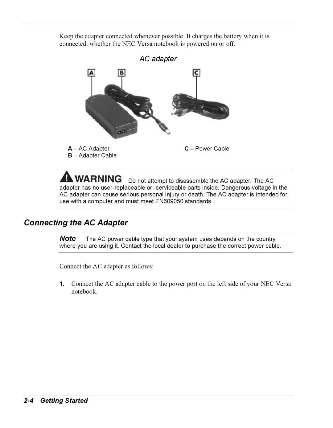 NEC Versa Series manual Connecting the AC Adapter, AC adapter 