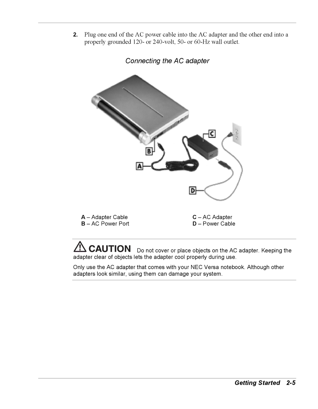 NEC Versa Series manual Connecting the AC adapter 