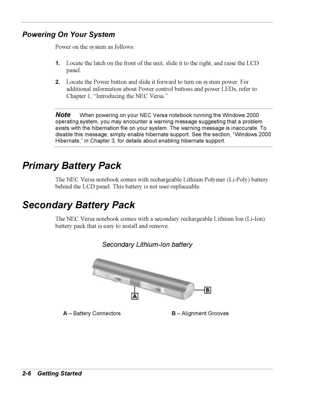 NEC Versa Series Primary Battery Pack, Secondary Battery Pack, Powering On Your System, Secondary Lithium-Ion battery 