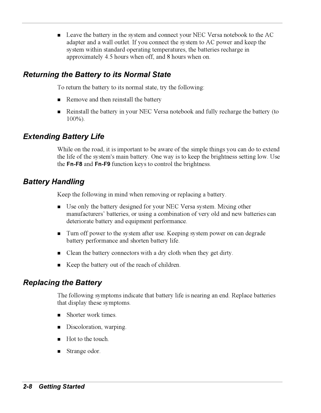 NEC Versa Series manual Returning the Battery to its Normal State, Extending Battery Life, Battery Handling 