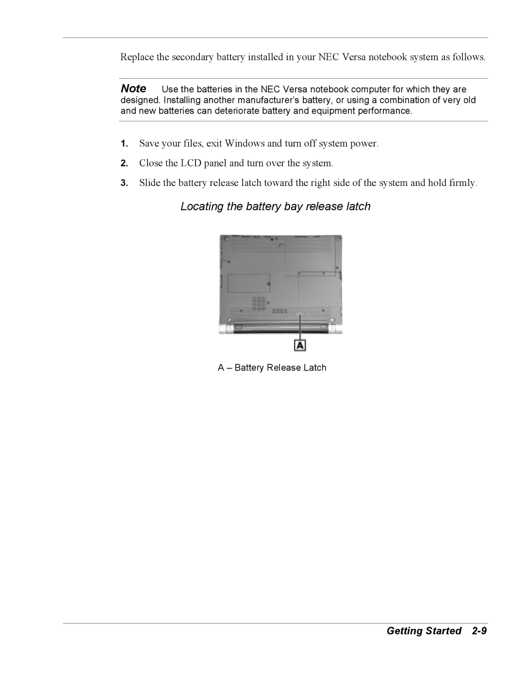 NEC Versa Series manual Locating the battery bay release latch 