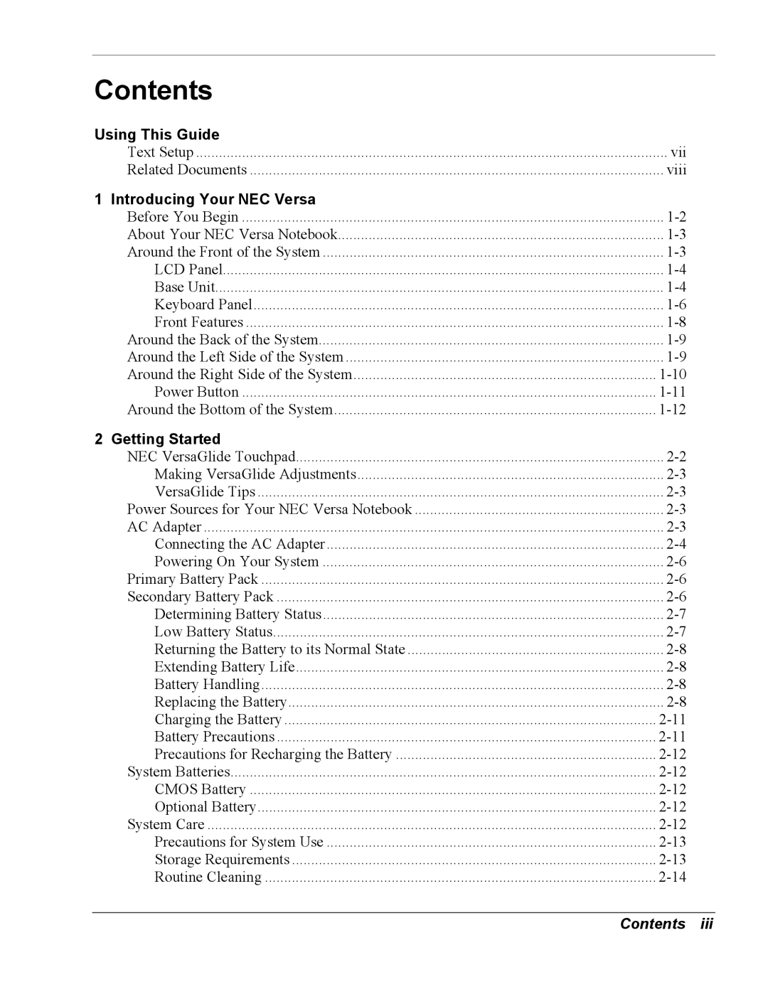 NEC Versa Series manual Contents 