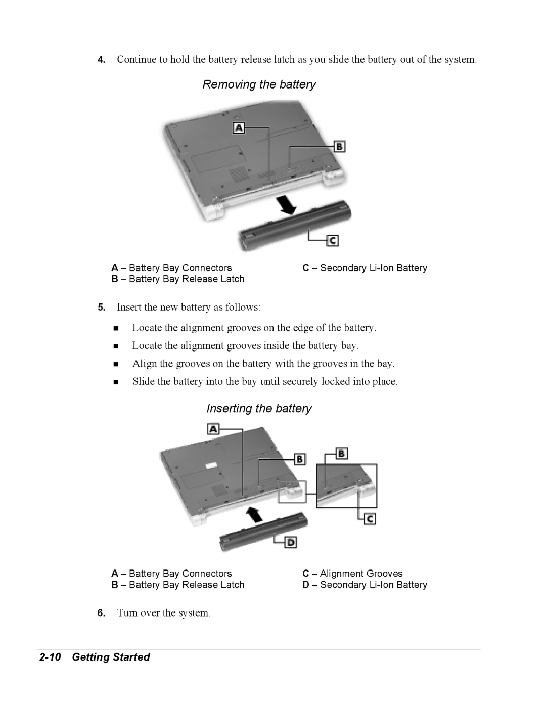 NEC Versa Series manual Removing the battery, Inserting the battery 