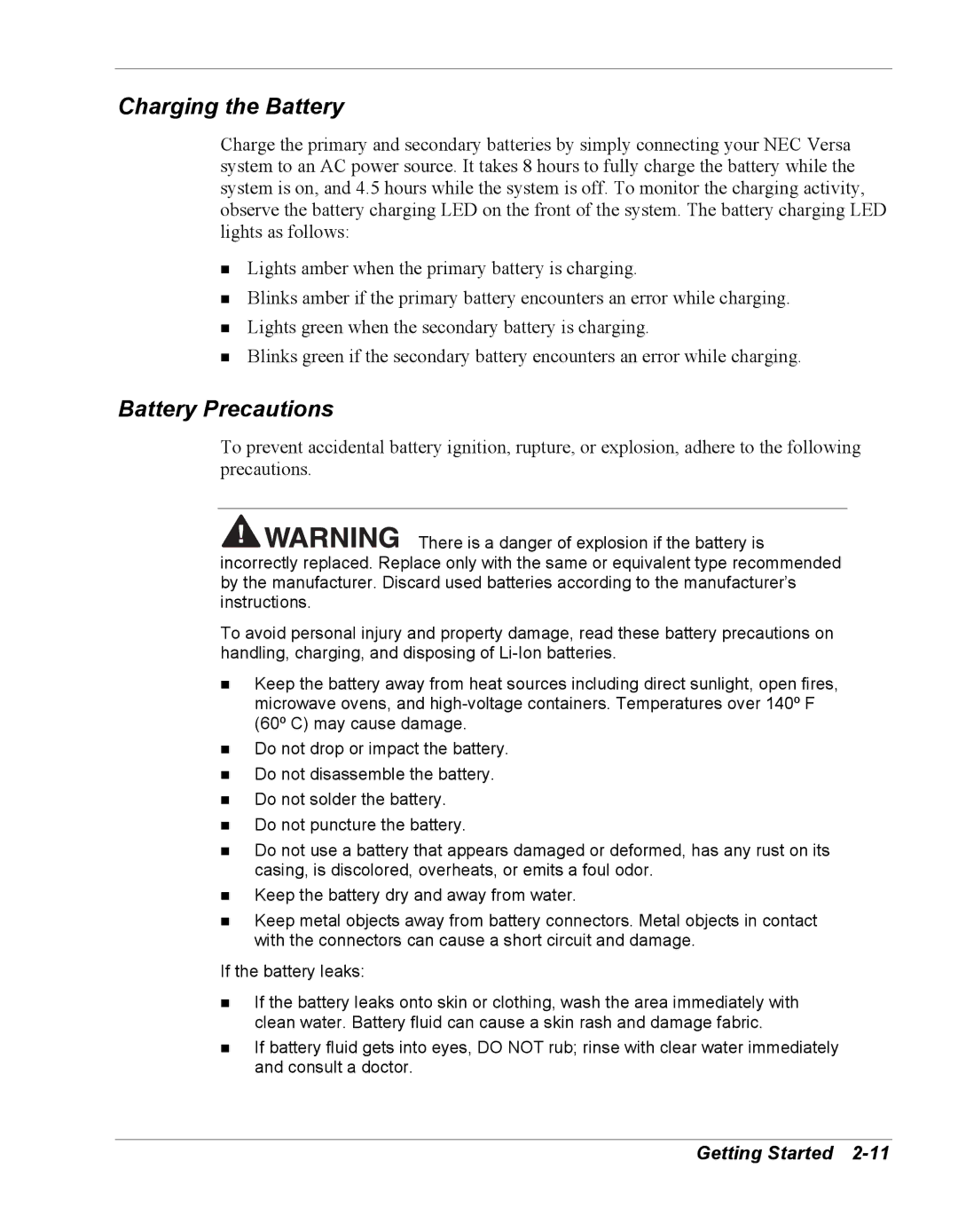 NEC Versa Series manual Charging the Battery, Battery Precautions 