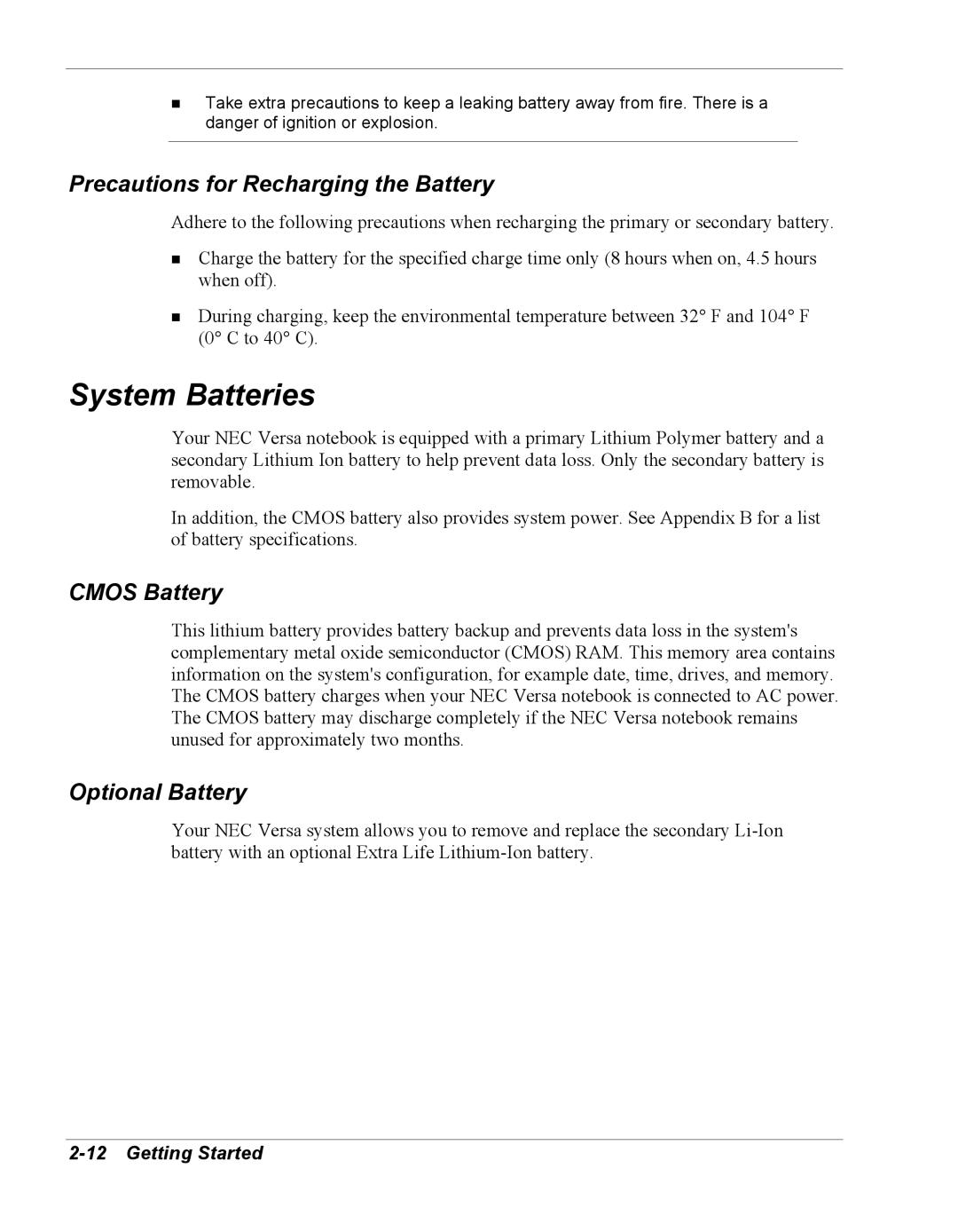 NEC Versa Series manual System Batteries, Precautions for Recharging the Battery, Cmos Battery, Optional Battery 