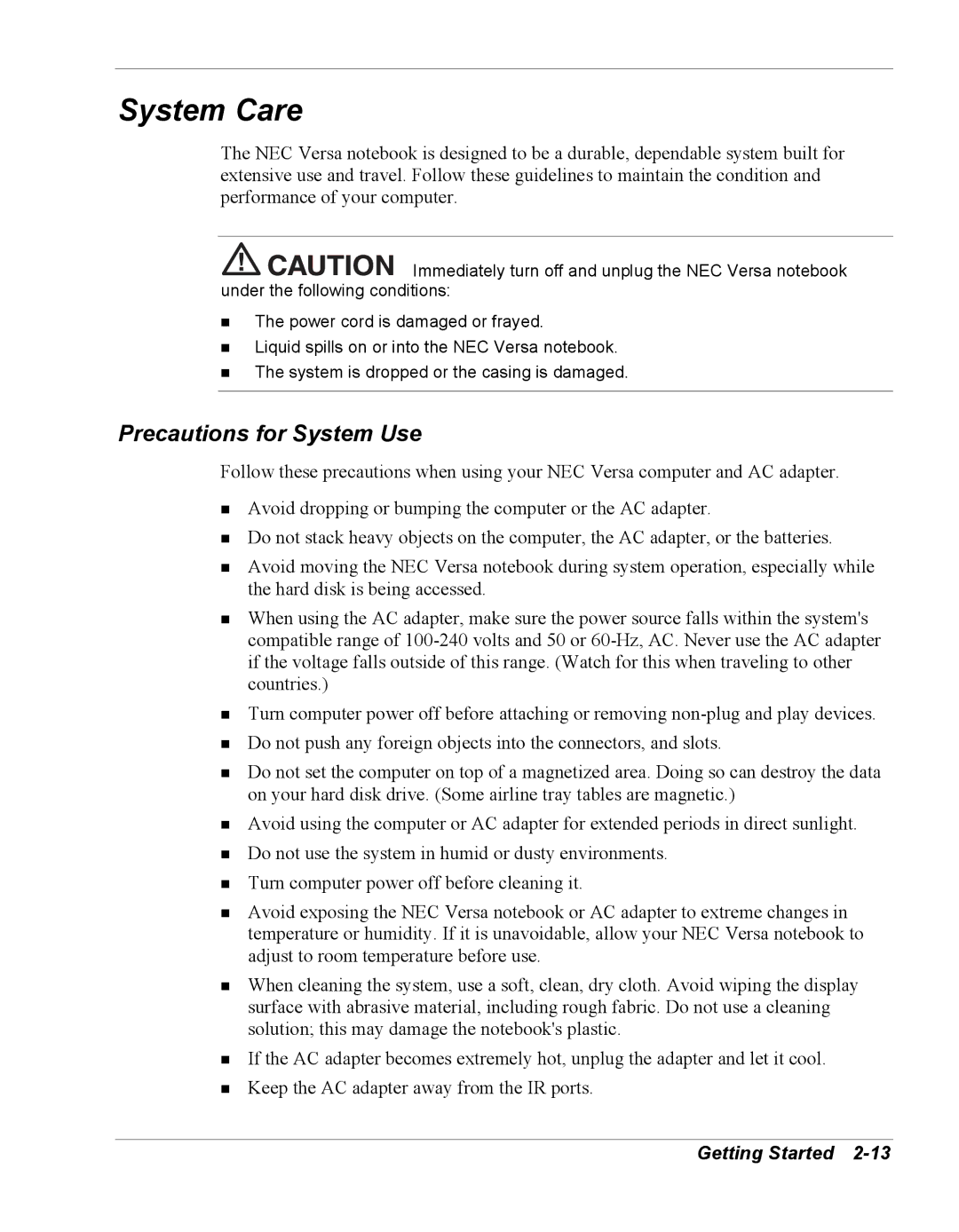 NEC Versa Series manual System Care, Precautions for System Use 