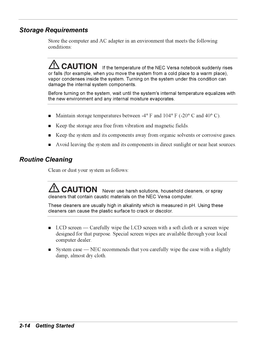 NEC Versa Series manual Storage Requirements, Routine Cleaning 