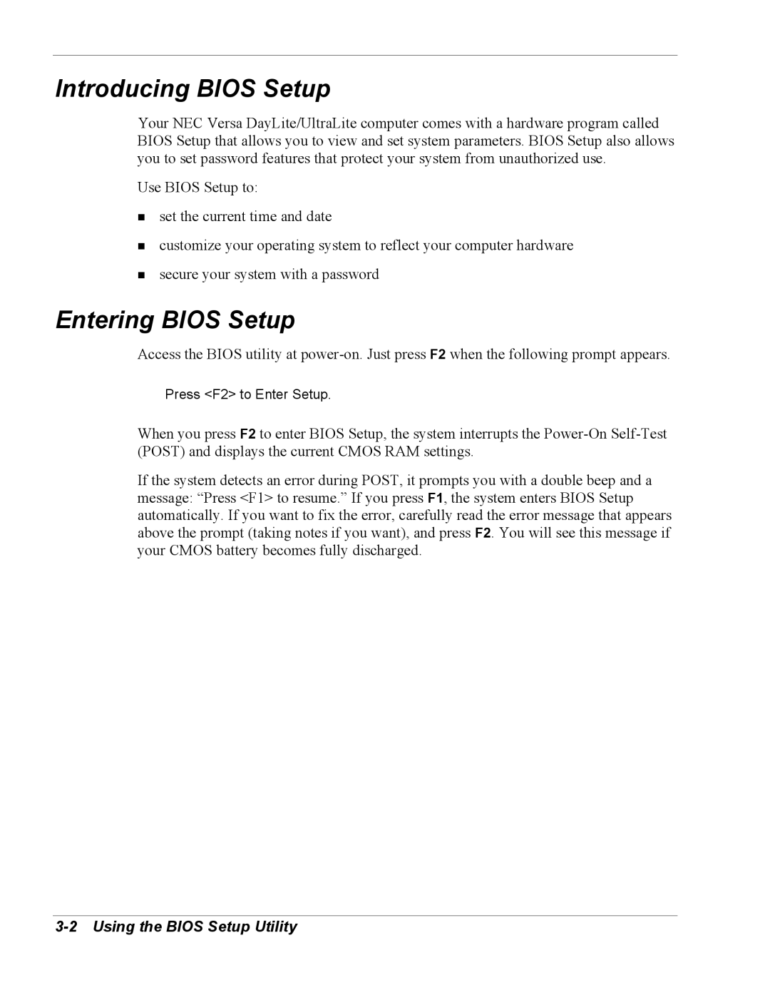 NEC Versa Series manual Introducing Bios Setup, Entering Bios Setup, Using the Bios Setup Utility 