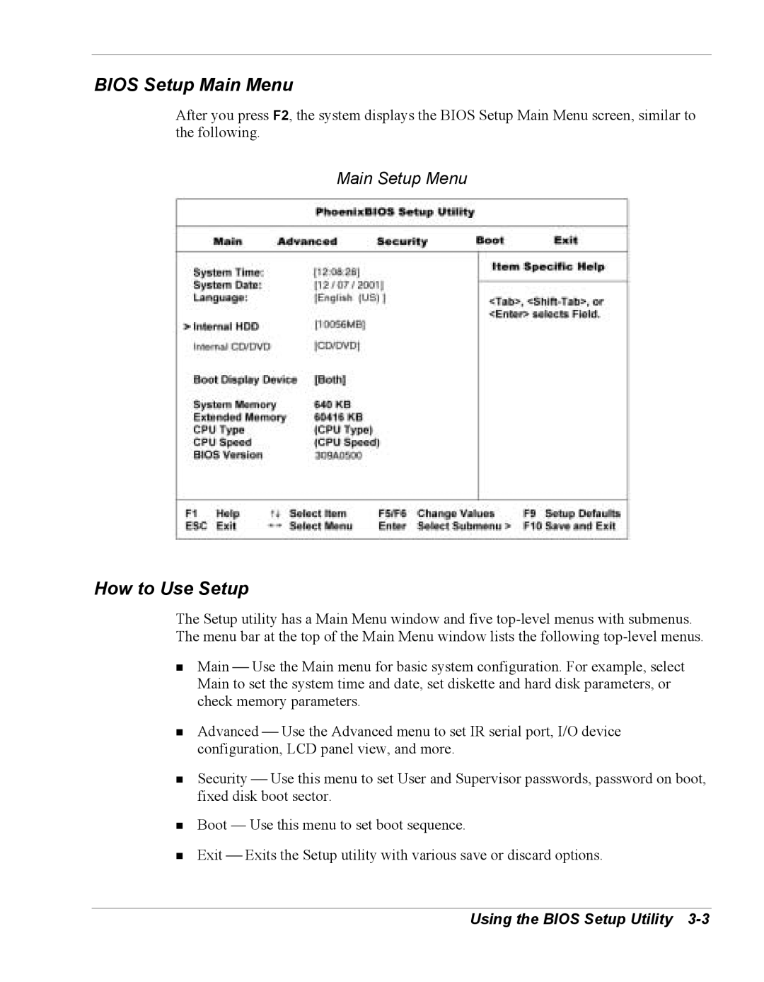 NEC Versa Series manual Bios Setup Main Menu, How to Use Setup, Main Setup Menu 