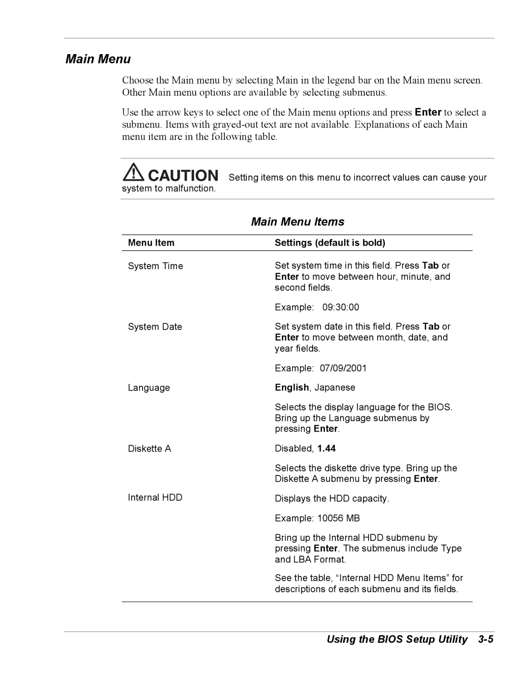 NEC Versa Series manual Main Menu Items, Menu Item Settings default is bold 